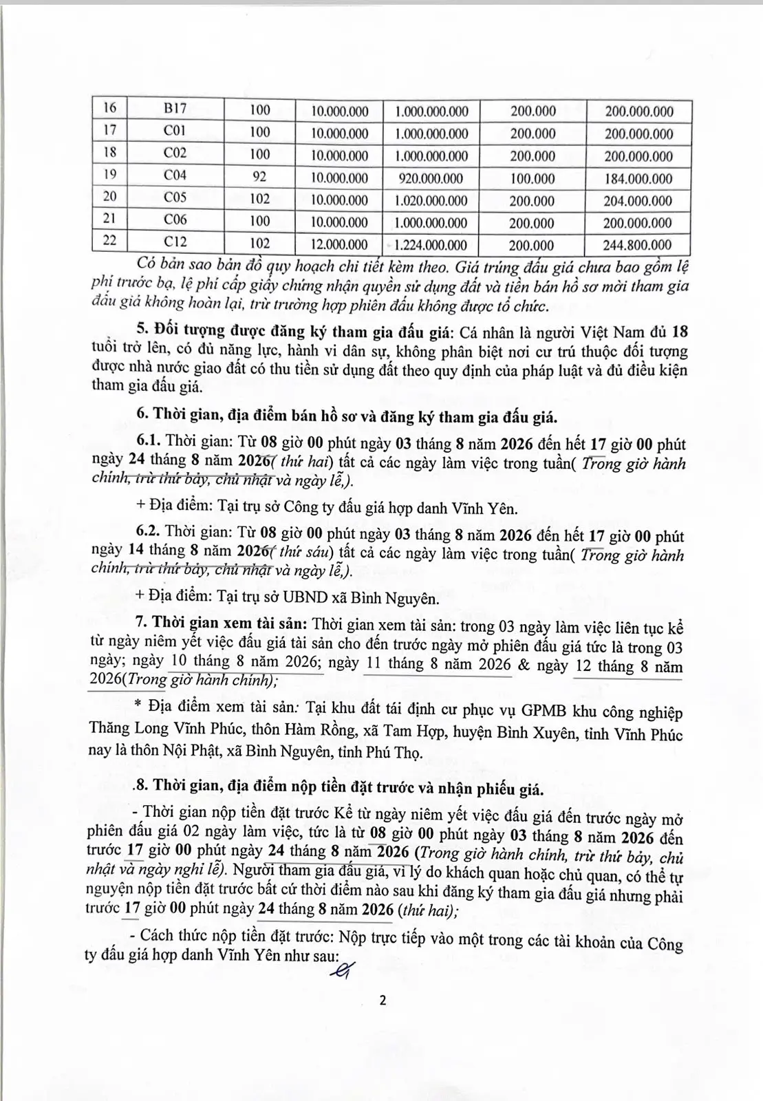 Trang 2 thông báo đấu giá: bảng giá các thửa C01–C12, đối tượng tham gia và thời gian bán hồ sơ