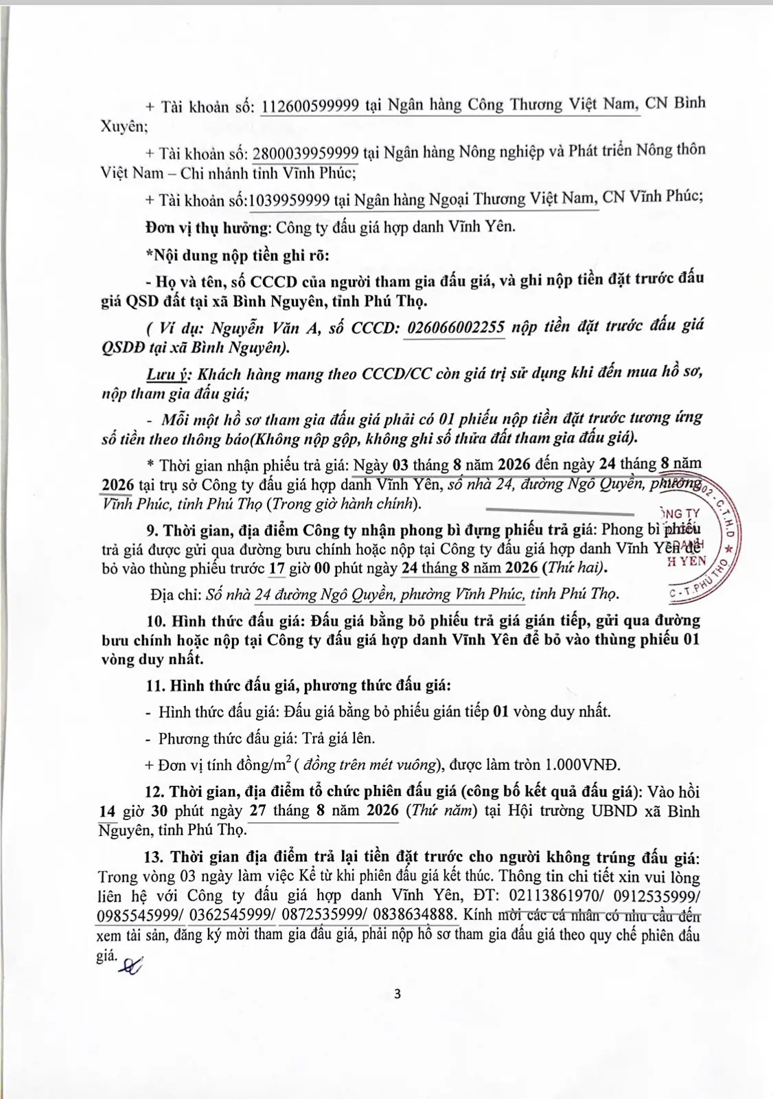 Trang 3 thông báo đấu giá: tài khoản nộp tiền đặt trước, hình thức đấu giá và thời gian tổ chức phiên đấu giá