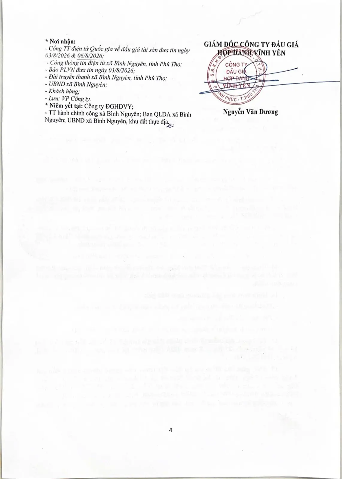 Trang 4 thông báo đấu giá: nơi nhận, niêm yết và chữ ký Giám đốc Công ty đấu giá hợp danh Vĩnh Yên