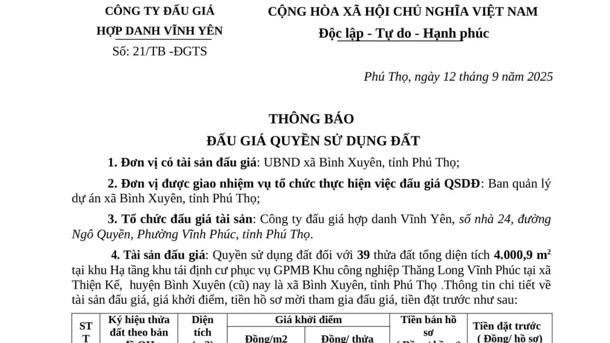 Thông báo đấu giá 39 thửa đất tại xã Bình Xuyên