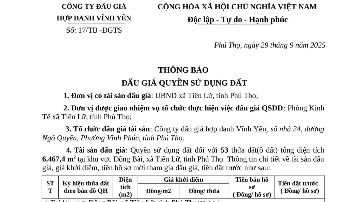 Thông báo đấu giá 53 thửa đất xã Tiên Lữ