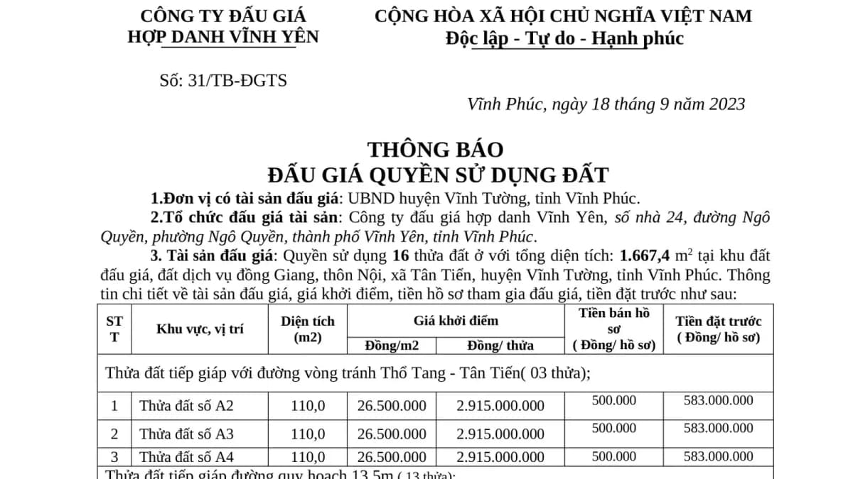 Thông báo đấu giá QSD 16 thửa đất tại xã Tân Tiến, huyện Vĩnh Tường