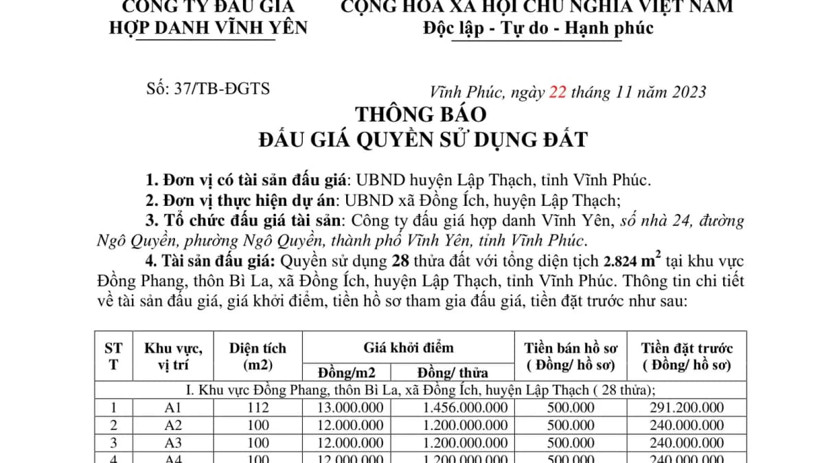 THÔNG BÁO ĐẤU GIÁ QSD 28 THỬA ĐẤT Ở TẠI XÃ ĐỒNG ÍCH