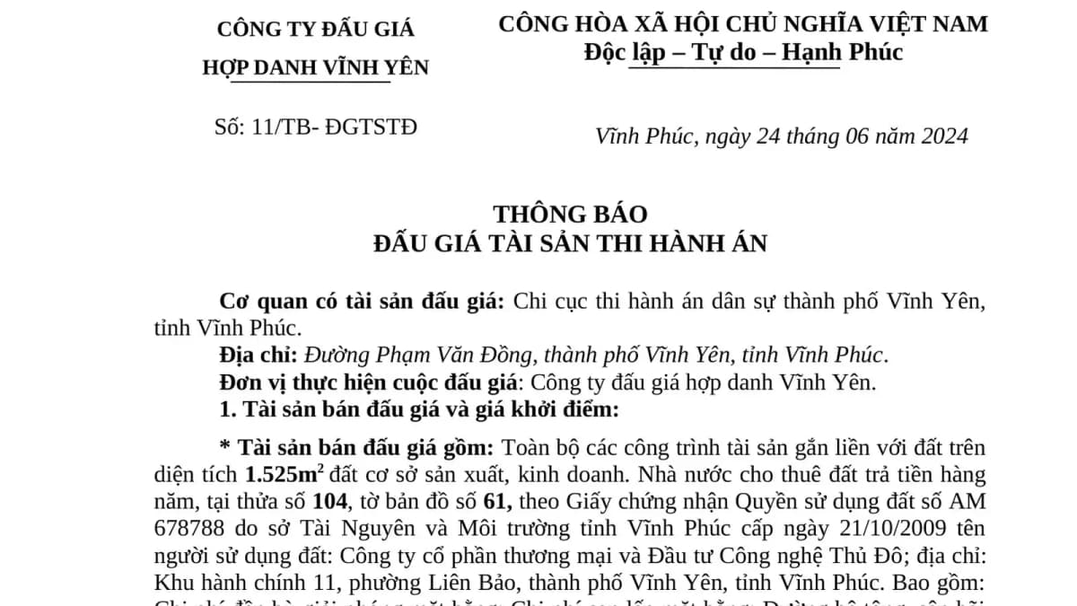 Thông báo đấu giá tài sản THA ( Vụ Công ty Thủ Đô - KHC 11 Phường Liên Bảo)