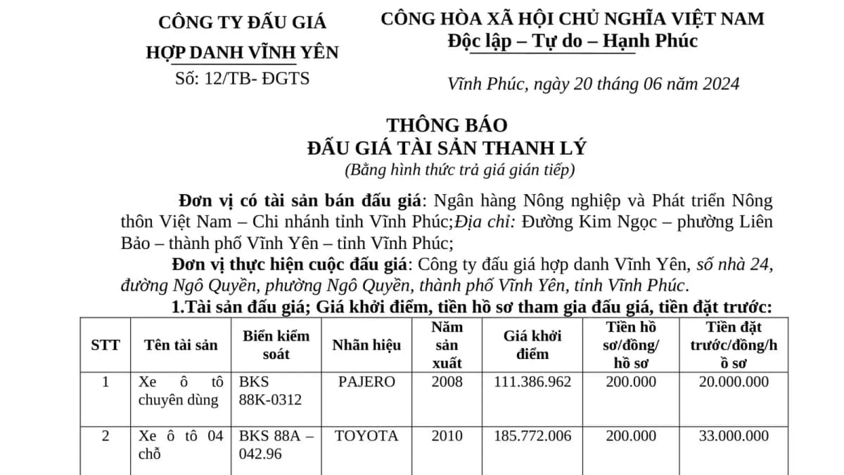 Thông báo đấu giá tài sản thanh lý NHNN Vĩnh Phúc ( 03 xe ô tô)
