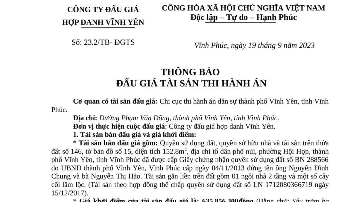 Thông báo đấu giá TSTHA Hội Hợp ( CCTHA TP Vĩnh Yên)