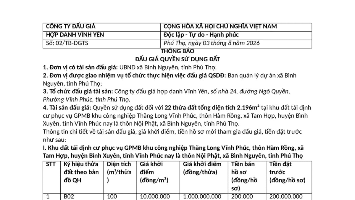 Thông báo đấu giá quyền sử dụng 22 thửa đất tại xã Bình Nguyên